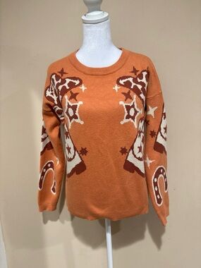 Staccato Orange Western Motif Crewneck Sweater